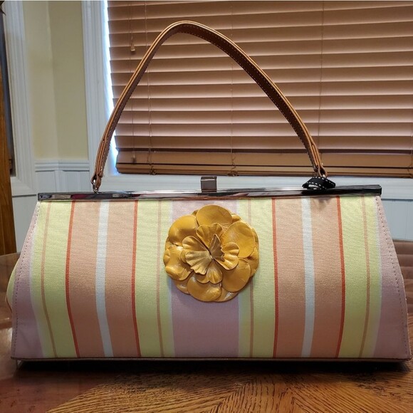Original Glenda Gies Sophia Tangerine Striped Handbag with Square Latch - Picture 1 of 12